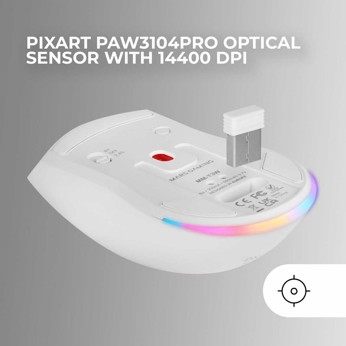 Mars Gaming MMT3W Wireless Gaming Mouse White - Bluetooth Rechargeable Optical